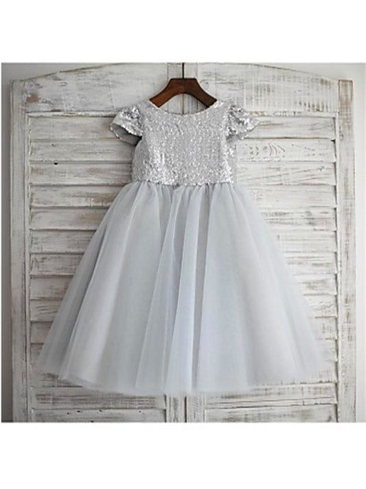 A-line/Princess Sequin Scoop Tea-Length Sleeves Short Tulle Flower Girl Dresses