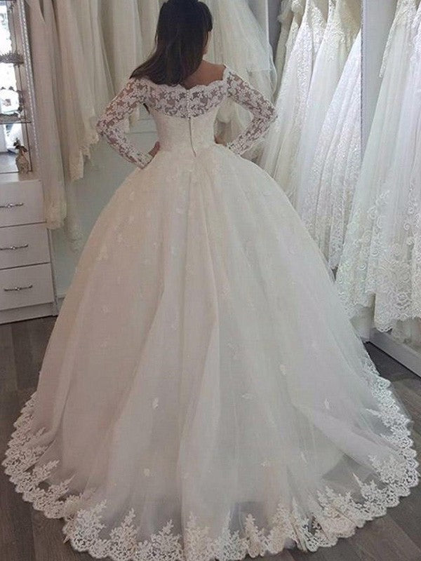 Train Sleeves Applique Ball Sweep/Brush Long Off-the-Shoulder Gown Lace Wedding Dresses