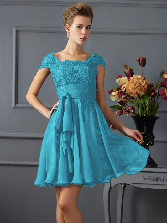 Short Short A-Line/Princess Scoop Sleeves Lace Chiffon Bridesmaid Dresses