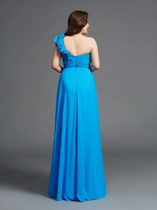 A-Line/Princess Sleeveless Rhinestone Long One-Shoulder Chiffon Plus Size Dresses