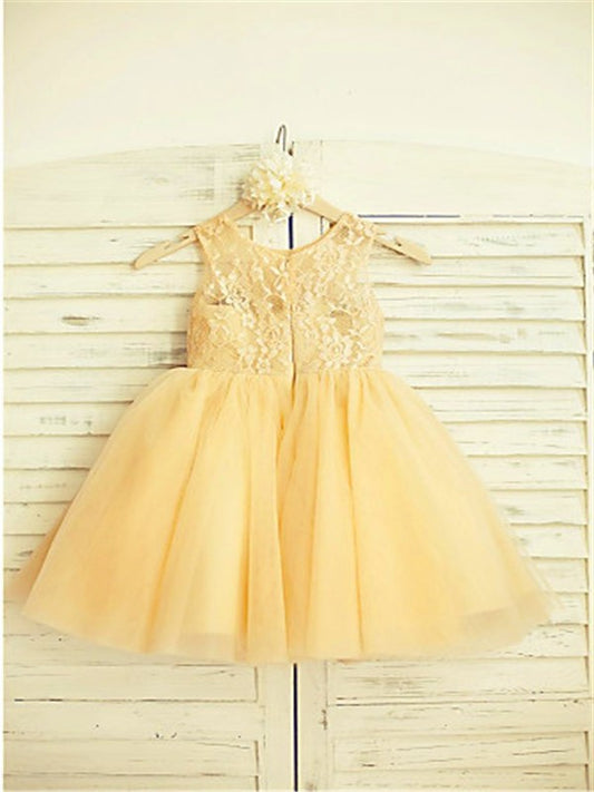 Tea-Length Tulle Lace Scoop A-line/Princess Sleeveless Flower Girl Dresses