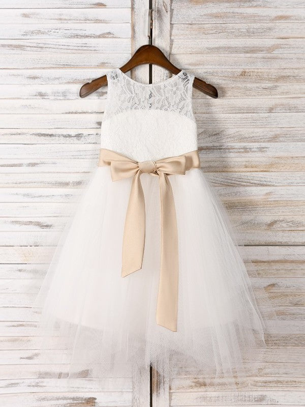 Tea-Length Sash/Ribbon/Belt Sleeveless Tulle A-Line/Princess Scoop Flower Girl Dresses