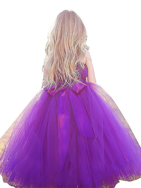 Ball Floor-Length Tulle Bowknot Straps Gown Sleeveless Flower Girl Dresses