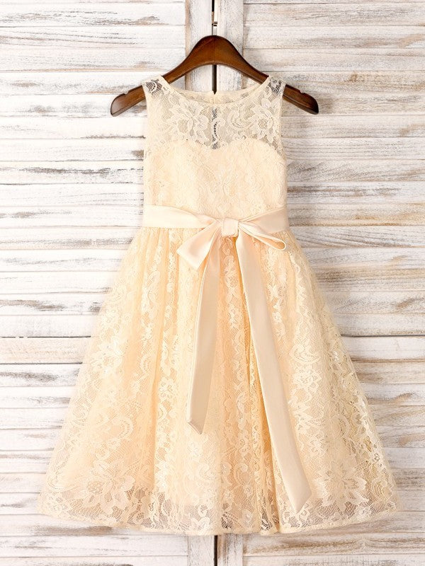 Sleeveless Scoop Tea-Length A-Line/Princess Sash/Ribbon/Belt Lace Flower Girl Dresses