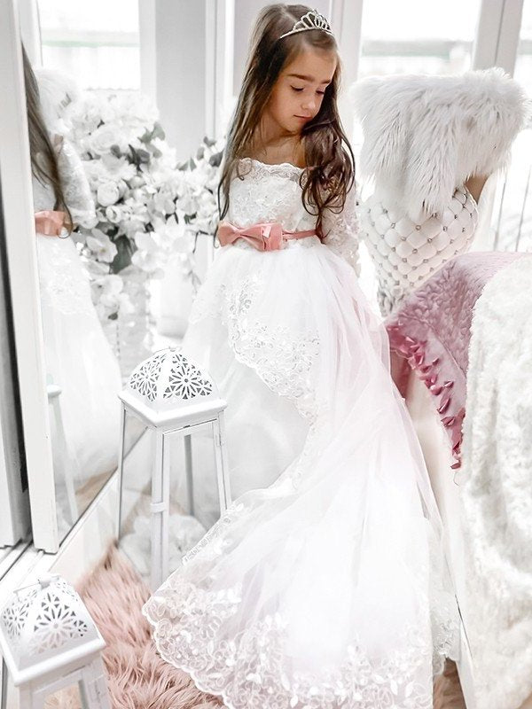 Off-the-Shoulder A-Line/Princess Sweep/Brush Train 1/2 Sleeves Sash/Ribbon/Belt Tulle Flower Girl Dresses