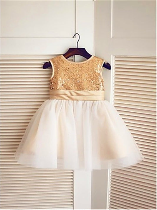 Sleeveless Sequin Knee-Length A-line/Princess Tulle Scoop Flower Girl Dresses