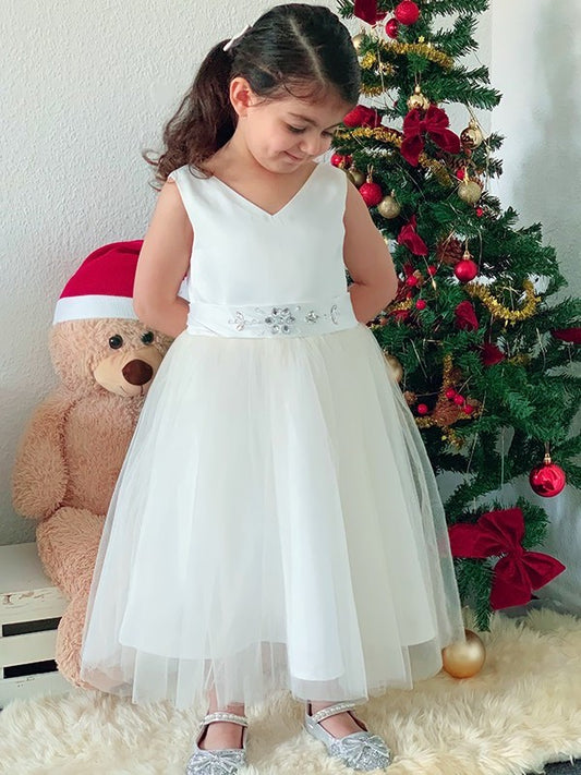 Knee-Length A-Line/Princess Bowknot V-neck Tulle Sleeveless Flower Girl Dresses