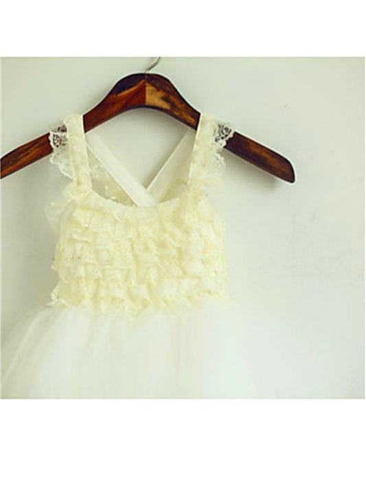 Sleeveless Tea-Length Gown Layers Ball Square Tulle Flower Girl Dresses