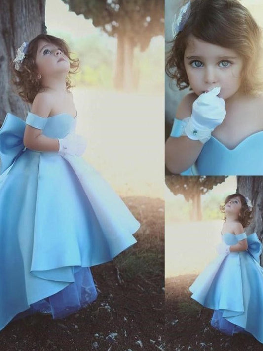 Sleeveless Off-the-Shoulder Ruffles Ball Satin Asymmetrical Gown Flower Girl Dresses