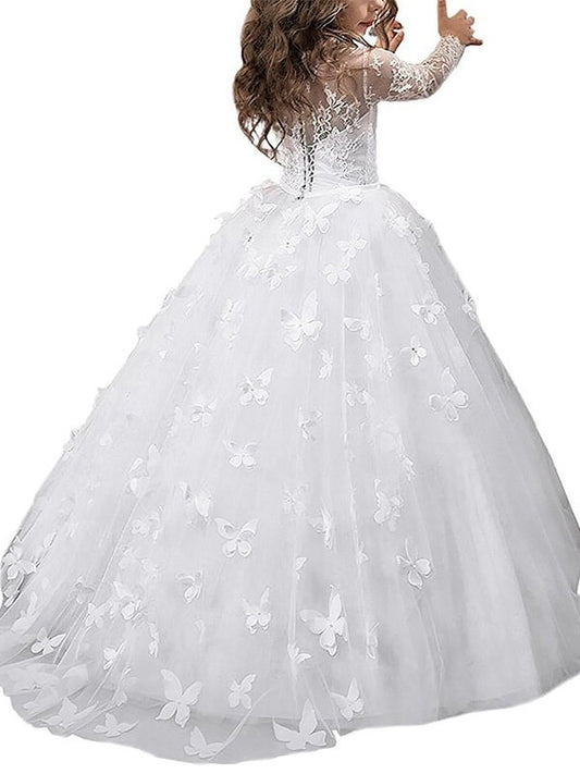 Floor-Length Sleeves Ball Tulle Gown Long Scoop Flower Girl Dresses