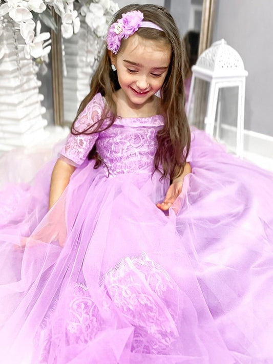 Sweep/Brush Tulle Sleeves 1/2 Lace Train Gown Ball Off-the-Shoulder Flower Girl Dresses