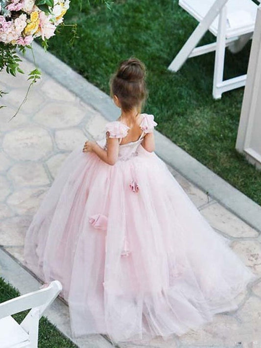 Sweep/Brush Straps Tulle Spaghetti Sleeveless Ball Train Applique Gown Flower Girl Dresses