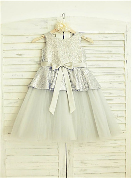 Tea-Length Scoop A-line/Princess Sequin Sleeveless Tulle Flower Girl Dresses