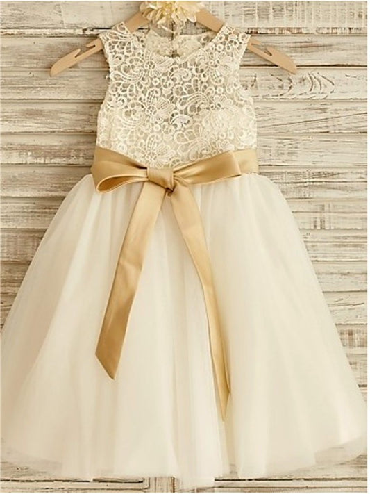 A-line/Princess Bowknot Sleeveless Scoop Tulle Knee-Length Flower Girl Dresses