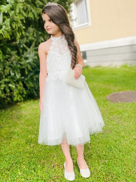 Tulle Halter Sleeveless Lace A-Line/Princess Knee-Length Flower Girl Dresses