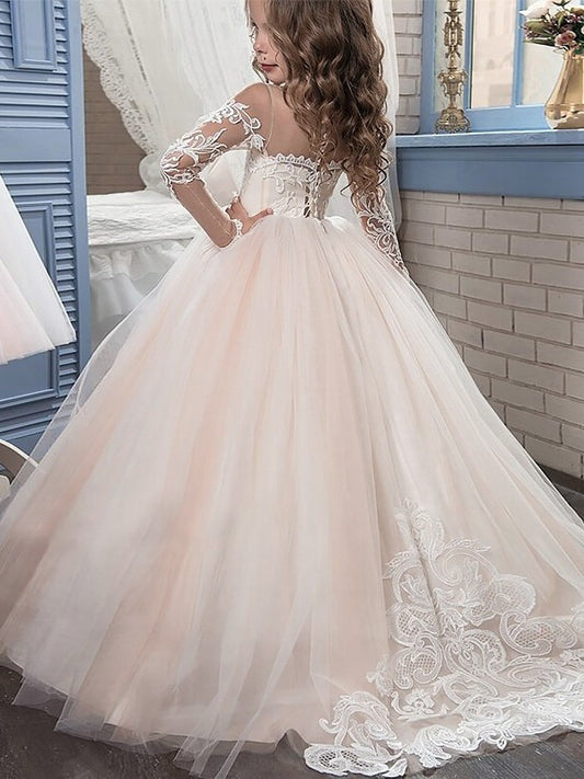 Train Gown Long Sweep/Brush Sleeves Ball Tulle Scoop Flower Girl Dresses