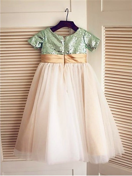 Tulle Sleeves A-line/Princess Short Sequin Scoop Tea-Length Flower Girl Dresses