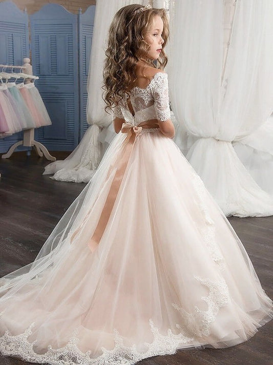 Off-the-Shoulder Sleeves Gown Ball Short Sash/Ribbon/Belt Tulle Flower Girl Dresses