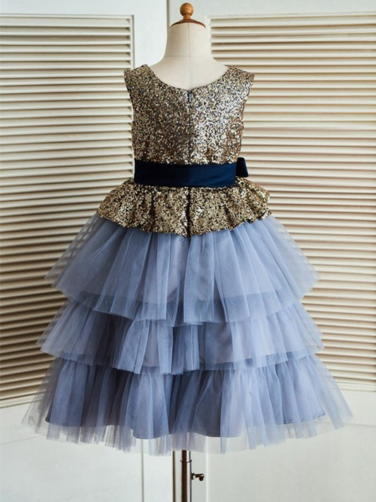 Tea-Length Tulle A-Line/Princess Scoop Sequin Sleeveless Flower Girl Dresses