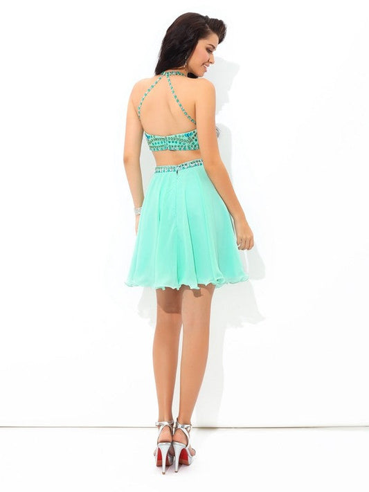 Kamila A-Line/Princess Sheer Neck Rhinestone Sleeveless Short Chiffon Homecoming Dresses Two Piece Dresses