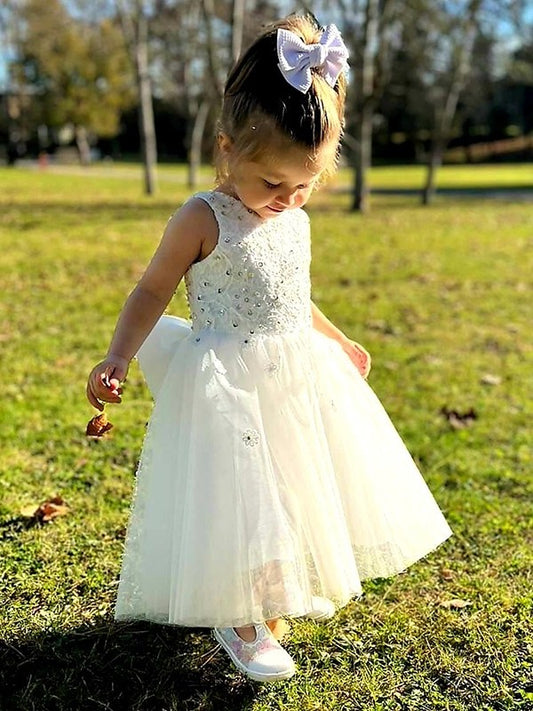 Bowknot Scoop Tulle A-Line/Princess Sleeveless Ankle-Length Flower Girl Dresses