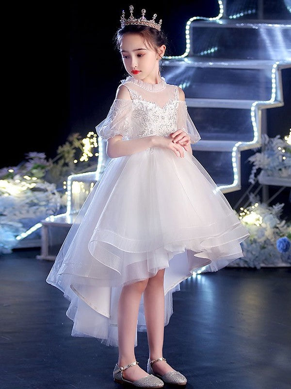 Short Applique Scoop Sleeves Asymmetrical A-Line/Princess Tulle Flower Girl Dresses