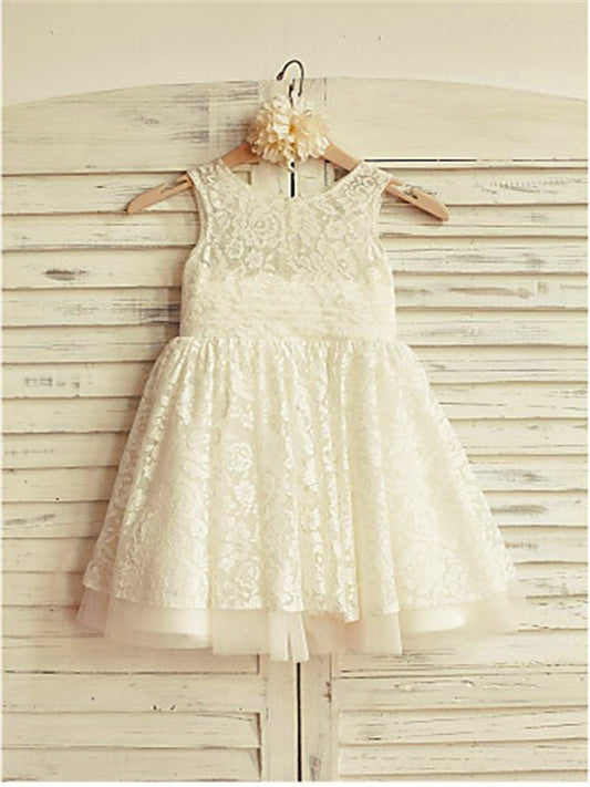 Sleeveless Lace Scoop Ruffles Tea-Length A-line/Princess Flower Girl Dresses