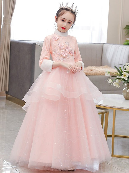 Tulle Flower 3/4 Sleeves Neck Hand-Made High Floor-Length A-Line/Princess Flower Girl Dresses