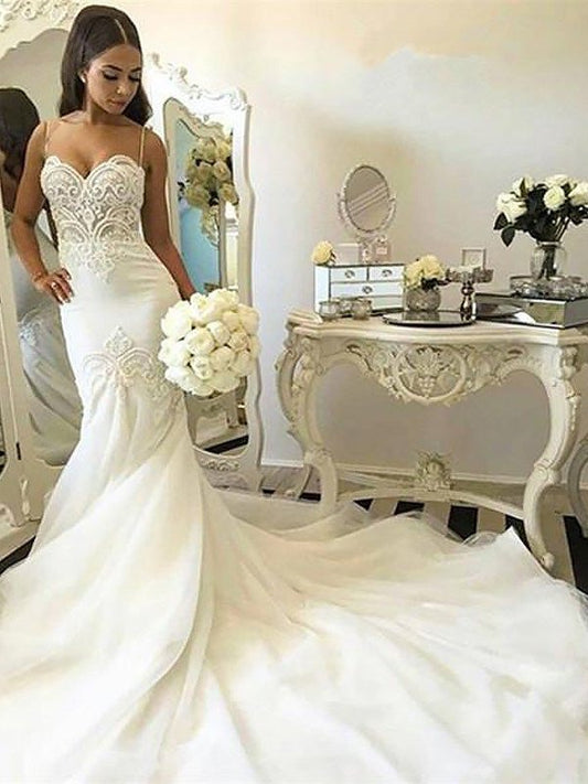 Chapel Straps Sleeveless Spaghetti Train Trumpet/Mermaid Tulle Wedding Dresses