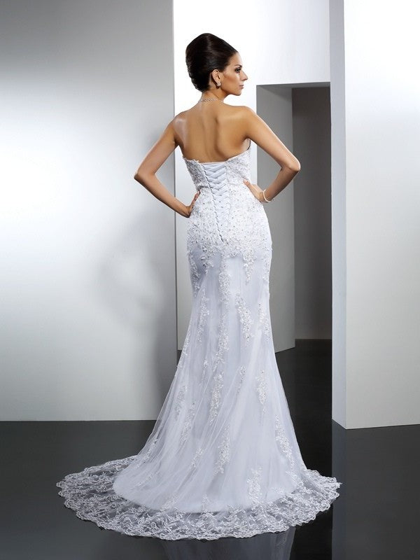 Sleeveless Trumpet/Mermaid Sweetheart Long Lace Satin Wedding Dresses