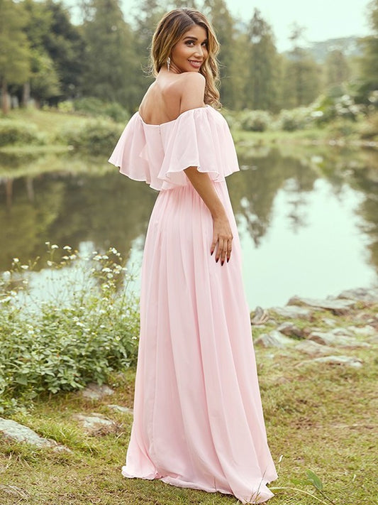 A-Line/Princess Off-the-Shoulder Ruffles Sleeves Short Sweep/Brush Jersey Train Bridesmaid Dresses