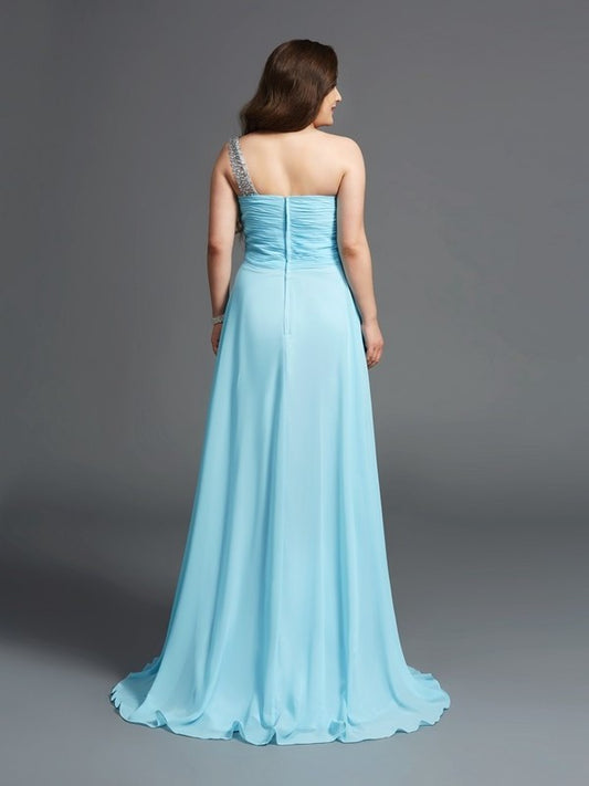 One-Shoulder A-Line/Princess Chiffon Sleeveless Rhinestone Long Plus Size Dresses