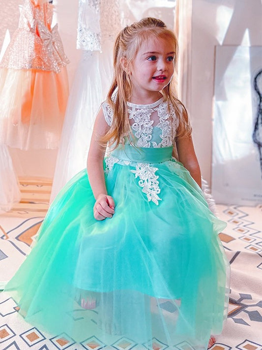 Sleeveless Applique A-Line/Princess Knee-Length Tulle Scoop Flower Girl Dresses