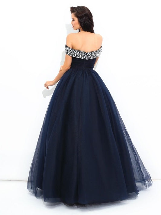 Long Sleeveless Beading Off-the-Shoulder Gown Ball Net Quinceanera Dresses