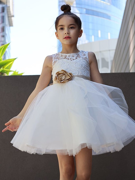 Lace Scoop Sleeveless A-Line/Princess Tulle Knee-Length Flower Girl Dresses