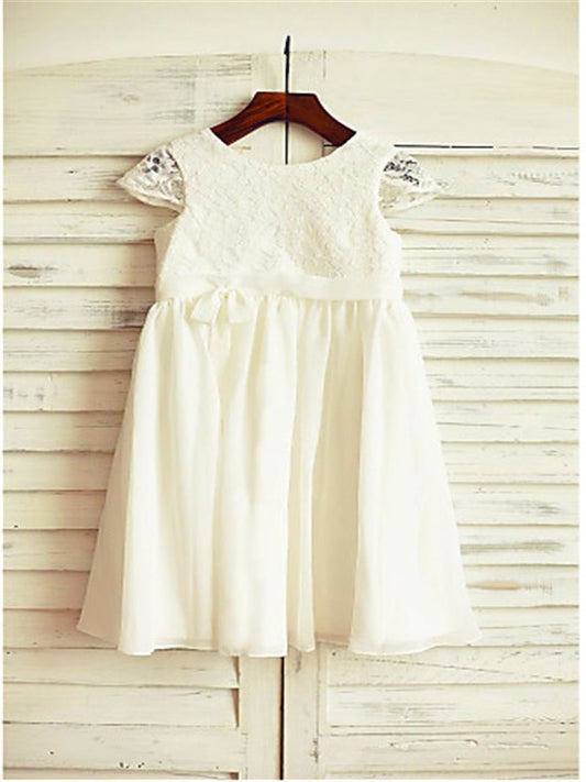 A-line/Princess Lace Short Scoop Chiffon Sleeves Tea-Length Flower Girl Dresses