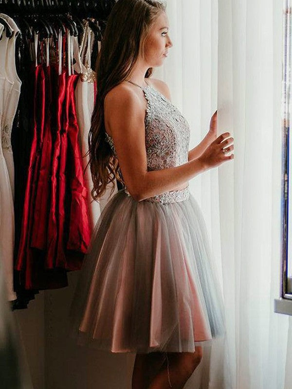 A-Line/Princess Applique Halter Homecoming Dresses Tulle Sleeveless Short/Mini Two Piece Laci Dresses