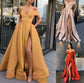 A-Line/Princess Off-the-Shoulder Sleeveless Ruffles Satin Sweep/Brush Train Dresses