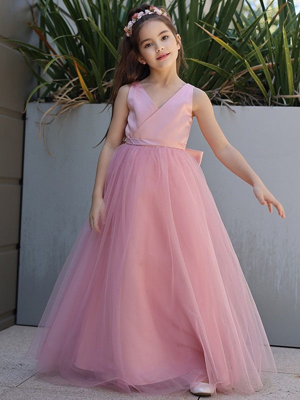 Bowknot Sleeveless A-Line/Princess Tulle V-neck Floor-Length Flower Girl Dresses