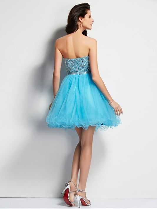 Sweetheart Beading Sleeveless A-Line/Princess Short Tulle Homecoming Dresses