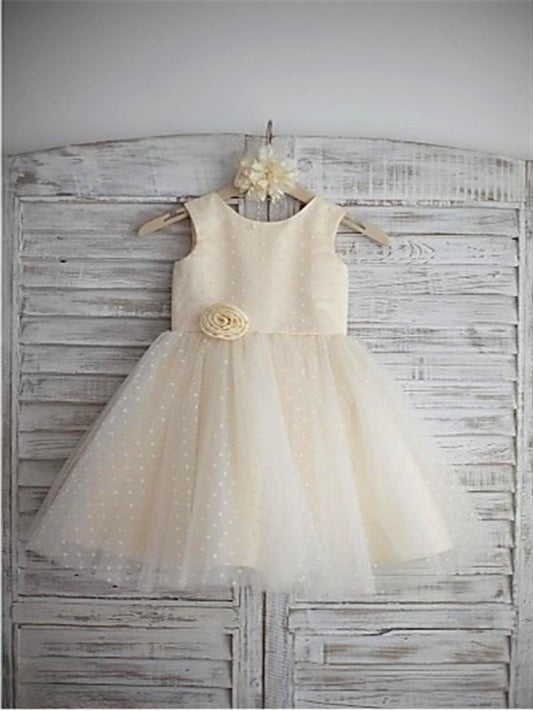 Hand-made Scoop Tulle Flower A-line/Princess Sleeveless Tea-Length Flower Girl Dresses