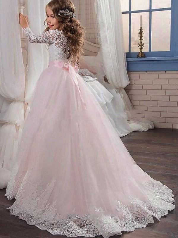 Sweep/Brush Sleeves Jewel Tulle Train Long Gown Ball Lace Flower Girl Dresses