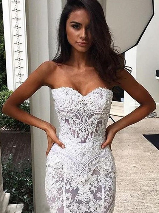 Sleeveless Trumpet/Mermaid Train Court Applique Sweetheart Lace Wedding Dresses