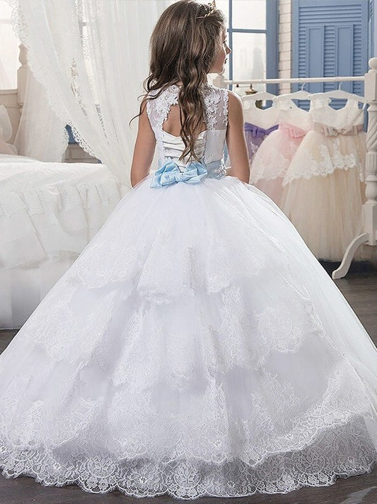 Ball Gown Scoop Floor-Length Applique Tulle Sleeveless Flower Girl Dresses