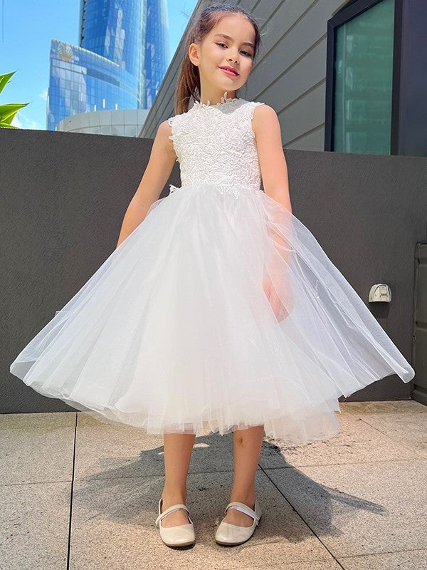 Neck Tulle Sleeveless Knee-Length Lace A-Line/Princess High Flower Girl Dresses