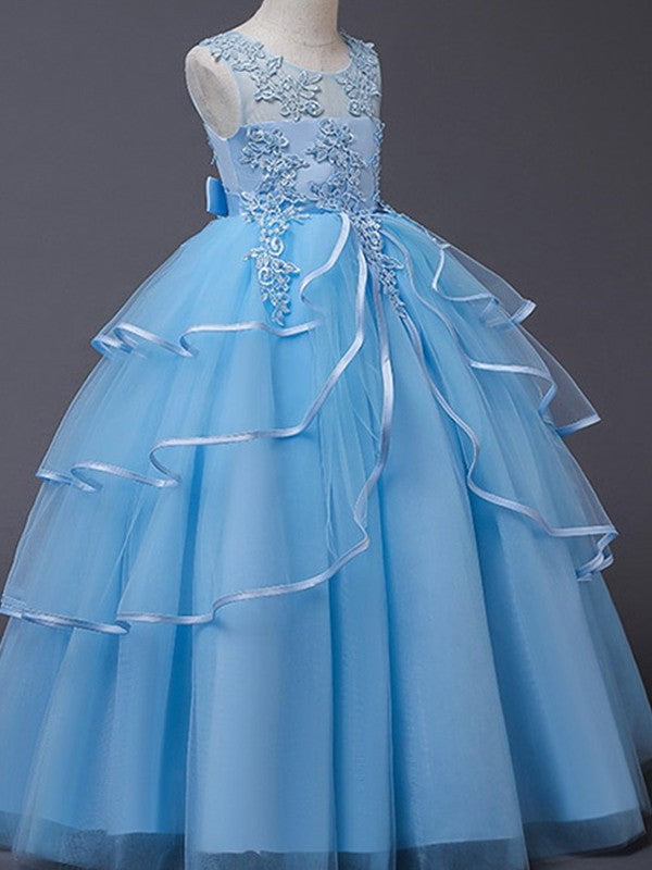 Sleeveless Applique Tulle Scoop Floor-Length A-Line/Princess Flower Girl Dresses