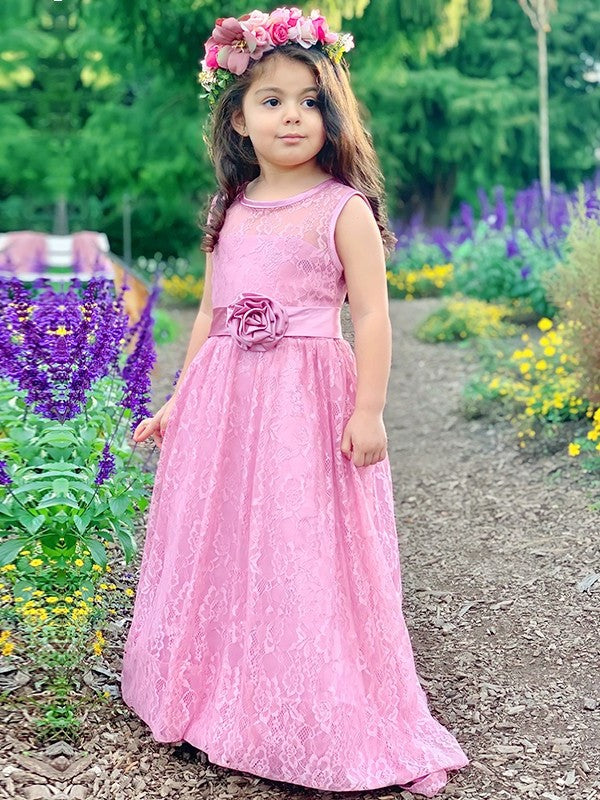 Sleeveless Lace Scoop Ankle-Length Sash/Ribbon/Belt A-Line/Princess Flower Girl Dresses