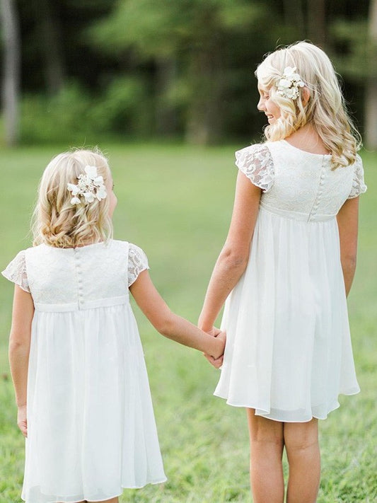 Lace Sleeves A-Line/Princess Scoop Knee-Length Chiffon Short Flower Girl Dresses