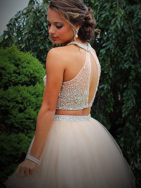 A-Line/Princess Scoop Beading Kayleigh Homecoming Dresses Sleeveless Short/Mini Tulle Two Piece Dresses