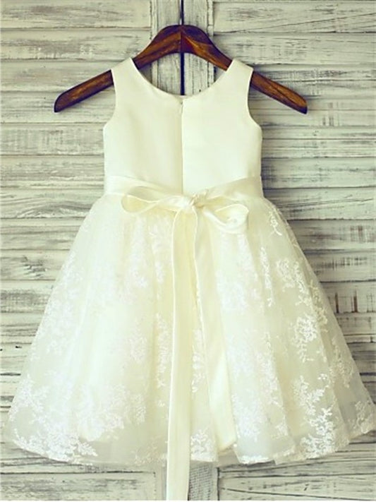 Scoop Sash/Ribbon/Belt Lace Sleeveless A-line/Princess Knee-Length Flower Girl Dresses